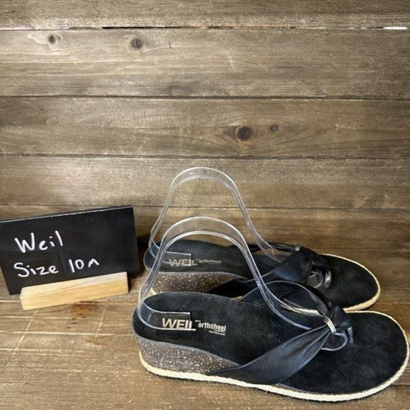 Womens Weil Orthoheel Wedge Heeled Black Leather Flip Flops Sandals Size 10‎ B - Picture 1 of 6